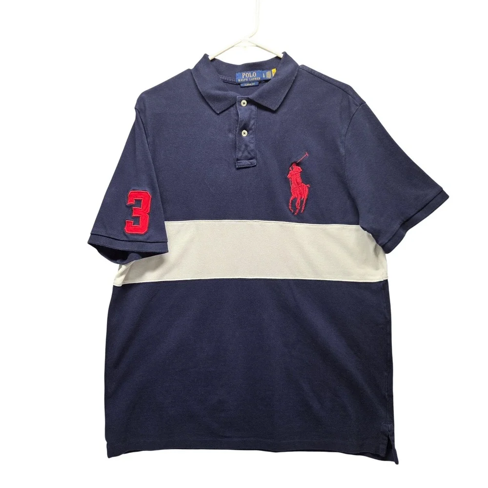 Polo Ralph Lauren Big Pony #3 Polo Shirt Large Navy Blue White Colorblock Preppy